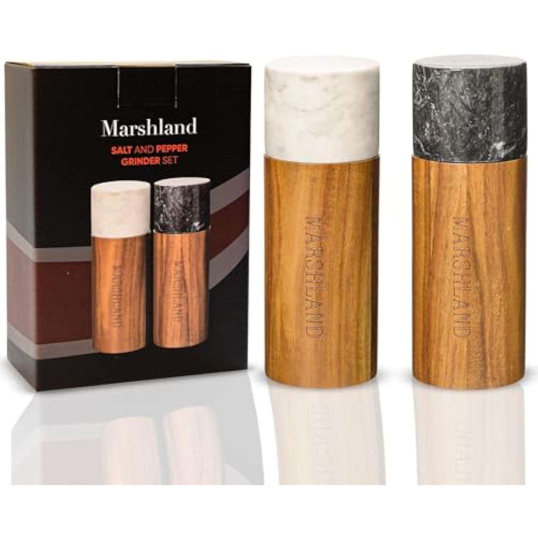 Marshland UK Salt and Pepper Grinder Set - Spice Grinder Made from Acacia Wood and Marble, Set of 2 Salt Grinder and Pepper Mill - Wood Color