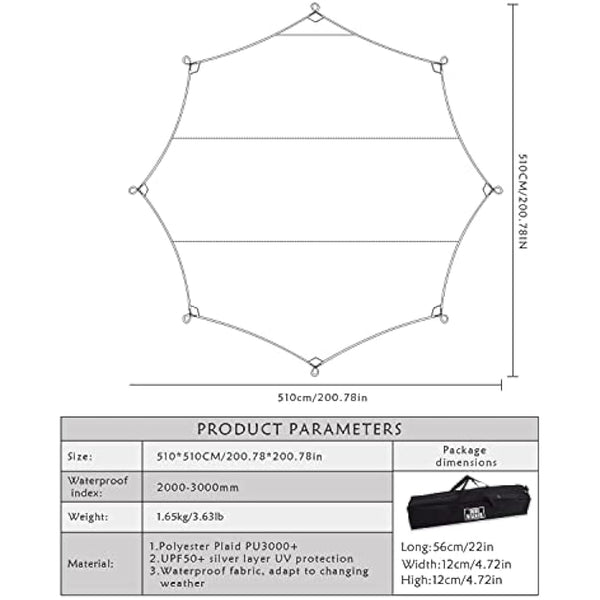 5m X 5m Large Camping Tarps Waterproof Hammock Rain Fly Multipurpose Hexagon Tarpaulin Shelter Tent Groundsheet Outdoor Tarp Awning Canopy （Without Pole）