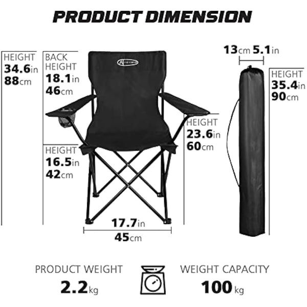 ACTIVE FOREVER Folding Camping Chairs Set of 2, Outdoor Portable Garden Folding Camp Chair with Cup Holder, Comfortable Beach Chair for Camping, Fishing, Parties, Barbecue - Black