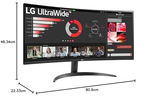 LG Electronics Curved UltraWide Monitor 34WR55QK, 34 inch, 1440p, 100Hz, 5ms Response Time, VA Panel, Smart Energy Saving, USB-C (65W Power Delivery), Displayport, HDMI