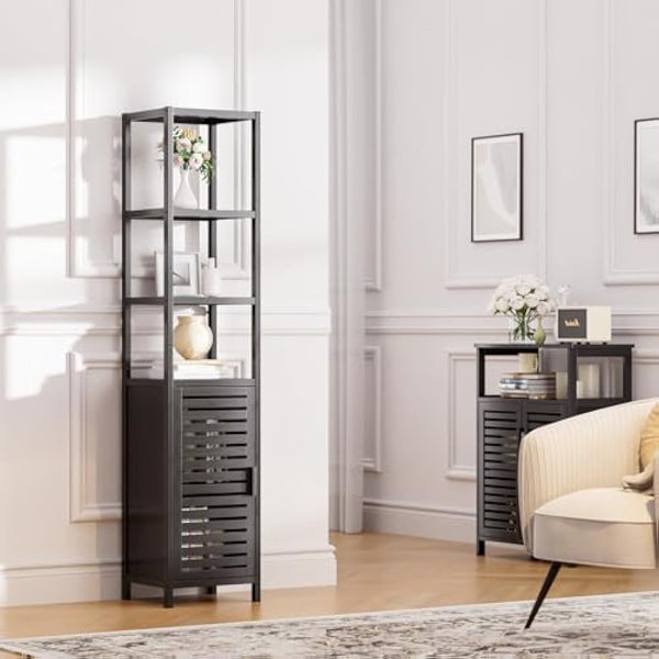 HITNET Tall Bathroom Storage Cabinet, 67 Inch Bamboo Freestanding Linen Tower Corner Shelf with 4 Open Shelves and Shutter Door for Small Space, Black