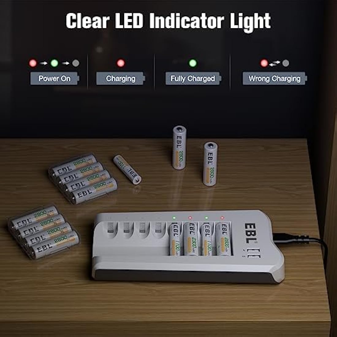EBL Upgraded 8 Bays AA AAA Battery Charger with USB Ports and 8 Counts 2800mAh AA Batteries, Rechargeable Batteries and Charger Set