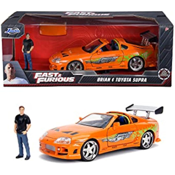 Jada Toys - Fast and Furious Model Car Toyota Supra & Brian - Car Model 1995 Toyota Supra Mk4 1:24 Orange with Brian O'Conner Figure, Vehicle with Spoiler, Opening Parts & Removable Roof
