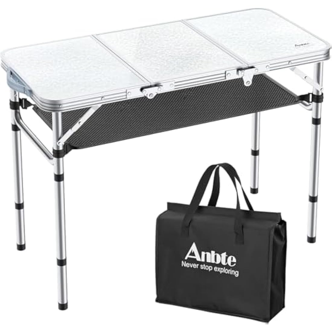Anbte Folding Camping Table, 88 cm x 40 cm Aluminum Folding Table 3 Adjustable Height, Camping Table with Storage Net and Bag, Portable Table for Outdoor, Backyard, Picnic, Garden, BBQ, Silver