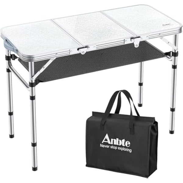 Anbte Folding Camping Table, 88 cm x 40 cm Aluminum Folding Table 3 Adjustable Height, Camping Table with Storage Net and Bag, Portable Table for Outdoor, Backyard, Picnic, Garden, BBQ, Silver