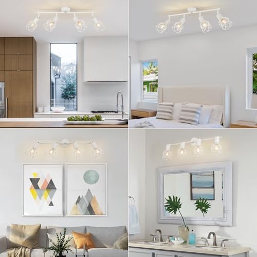 FORCOSO Ceiling Lights Spotlight, 4 Way Spot Lights 350°Adjustable, E14 Base White Light Shade Metal Wire Cage Light Fittings, Industrial Wall Ceiling Lamp for Kitchen Living Room Hallway Bedroom