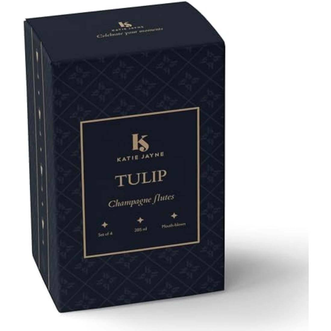 Katie Jayne 285ml 'Tulip' Champagne Flutes Set of 4 | Mouth-Blown Glass Set for Prosecco & Cocktails | 4 Large Modern Glasses for Home Bars, Weddings & Parties | Gift-Boxed, Handmade Drinking Glasses