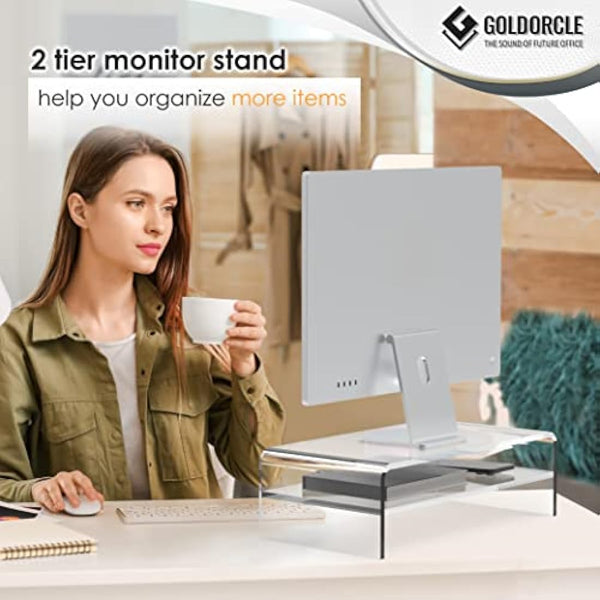 GOLDORCLE 2-Tier Acrylic Monitor Stand Riser Clear Computer Monitor Stand for Laptop PC Printer Computer Riser Acrylic Tray Laptop Storage Shelf