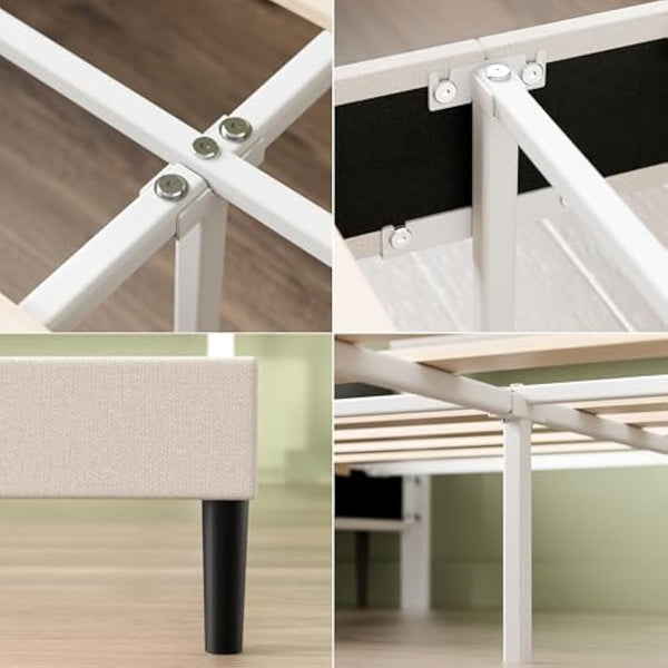 ZINUS Piper King Bed Frame – Bed 150 x 200 cm – 30cm Height – Upholstered platform bed frame with Headboard – Wooden slat support – Off White