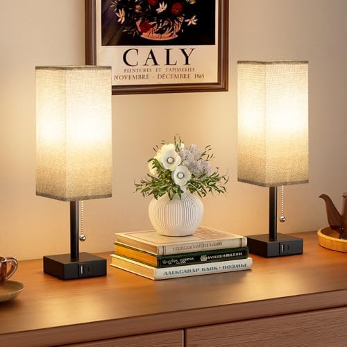 Aooshine Bedside Lamps Set of 2, Bedside Lamps with USB A+C Ports, Table Lamp for Bedroom with 3-Color Modes, Pull Chain Lamp with Grey Square Fabric Shade for Bedroom Living Room (Bulb Included)