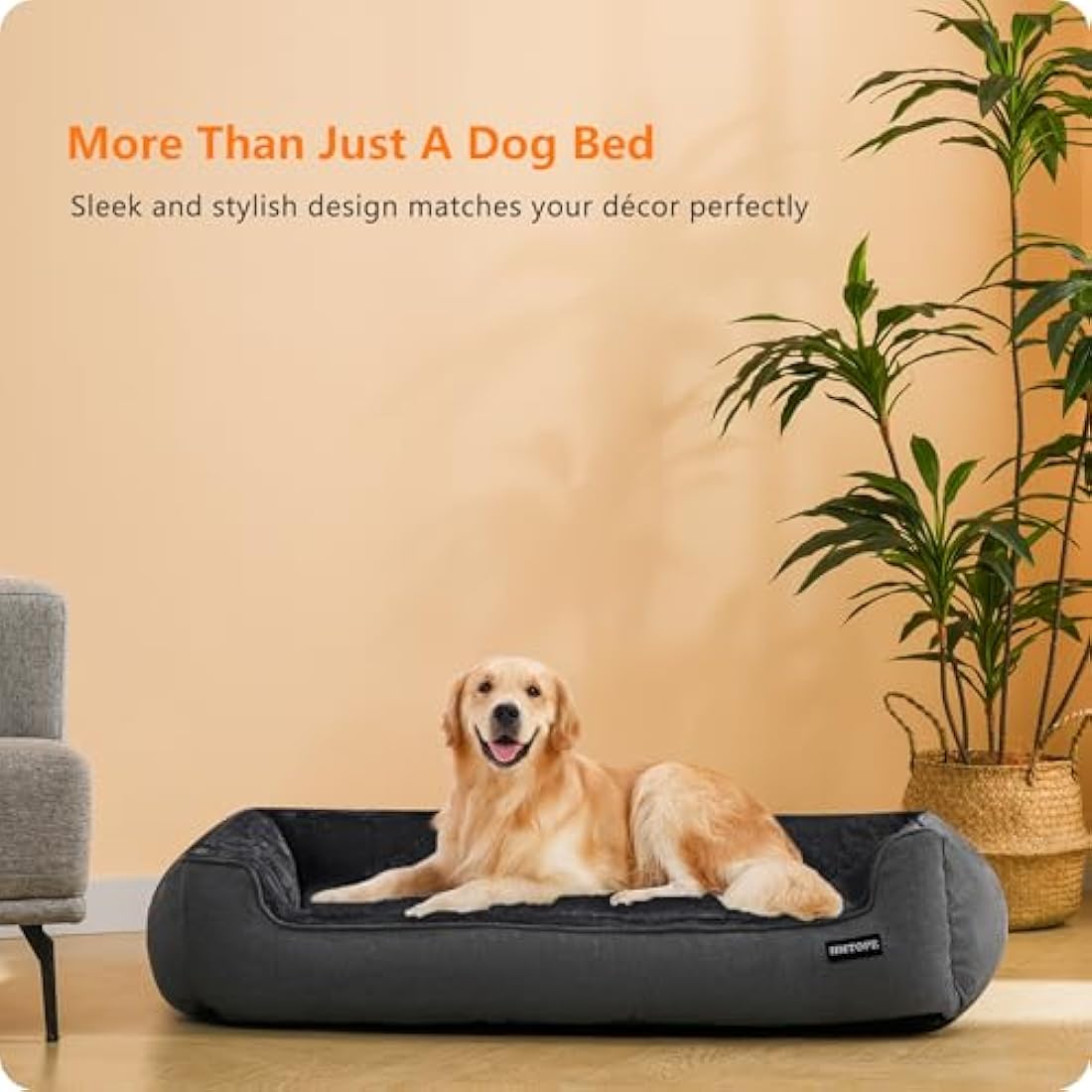 HMTOPE Dog Bed with Removable Cover, Washable Dog Sofa, Soft Dog Crate Mattress, Cat Pet Cushion for Small/Medium/Large Dogs, Dark Grey, 110 x 86 x 26 cm