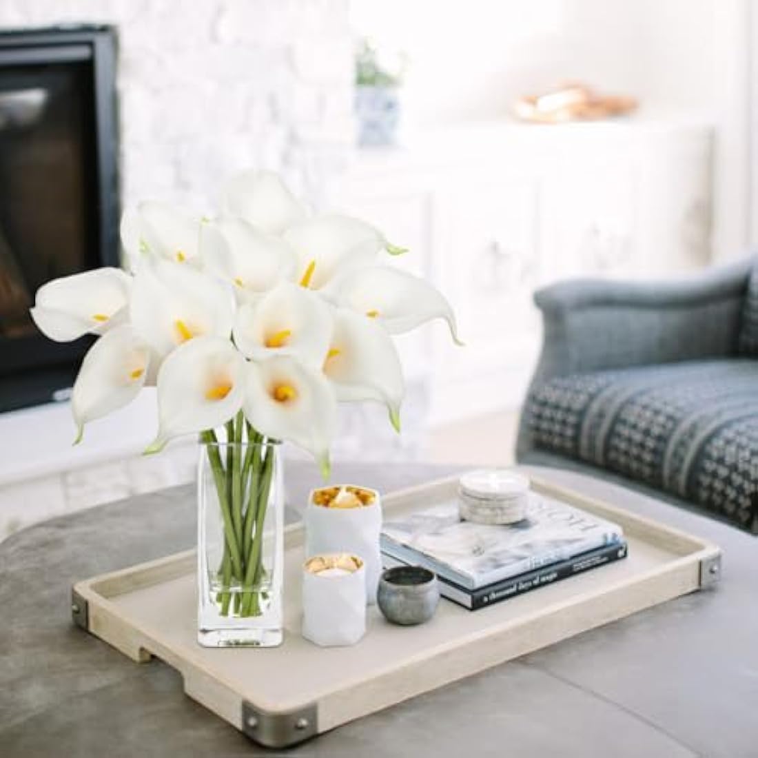 Hollyone 12 pcs Artificial Calla Lilies with Glass Vase Realistic Fake Flowers, Real Touch White Faux Flowers in Vase for Home, Living Room, Wedding, Centerpiece, Office, Party Decorations