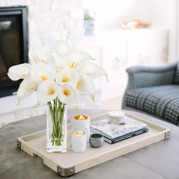 Hollyone 12 pcs Artificial Calla Lilies with Glass Vase Realistic Fake Flowers, Real Touch White Faux Flowers in Vase for Home, Living Room, Wedding, Centerpiece, Office, Party Decorations