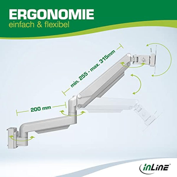 InLine Slatwall 23183C Lifter Monitor Wall Mount for Slatwall System, Wall or Table Mounting, with Arm, Desk Mount for 17-32 Inch Screen, VESA 75/100 mm Silver Grey, 23183C