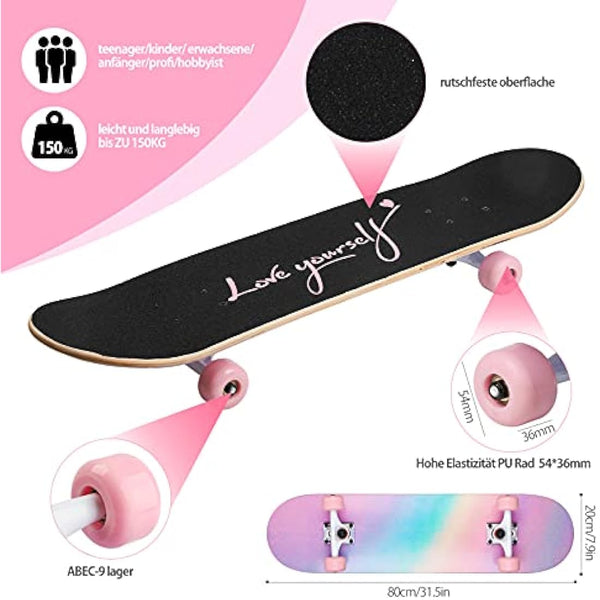 ILAHUI Skateboard for Teenagers, Girls, Adults, Beginners - 7 Layers Maple Wood Deck 80 x 20 cm - Rainbow Powder