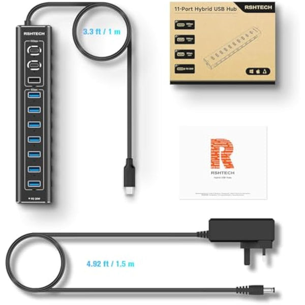 RSHTECH 60W Powered USB 3.2 Hub, 11-Port USBC Hub with 10Gbps Data Port (2C+1A), 7 x USB 3.0 Port and 20W PD, Aluminum USB Splitter with 12V/5A Power Adapter and 3.3ft Long Cable (RSH-A11PD)