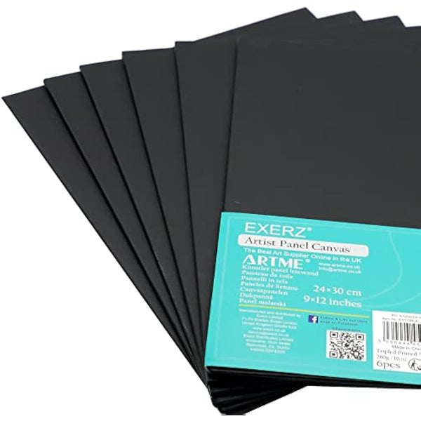 Exerz 24x30cm Black Canvas Panels 6pcs - 3mm 280gsm 100% Cotton/Blank Artist Canvas Board/Triple Primed/Acid Free/Medium Grain - Oil & Acrylic (24x30cm-6pk Black)