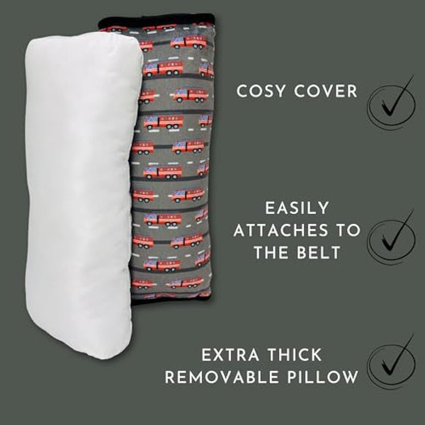 HECKBO cars firefighter car seatbelt pillow for children - machine washable - girl boy kids children soft car seat belt cover sleeping pillows protection car travel pillow cushion vacation