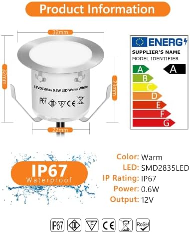 HIBOITEC 16Pcs Decking Lights, Lighting LED Deck Lights φ32mm, Warm White Decking Lighting, Waterproof Plinth Deck Light, for Outdoor, Garden, Floor Tile, Staircase, Wall Corner, Bathroom