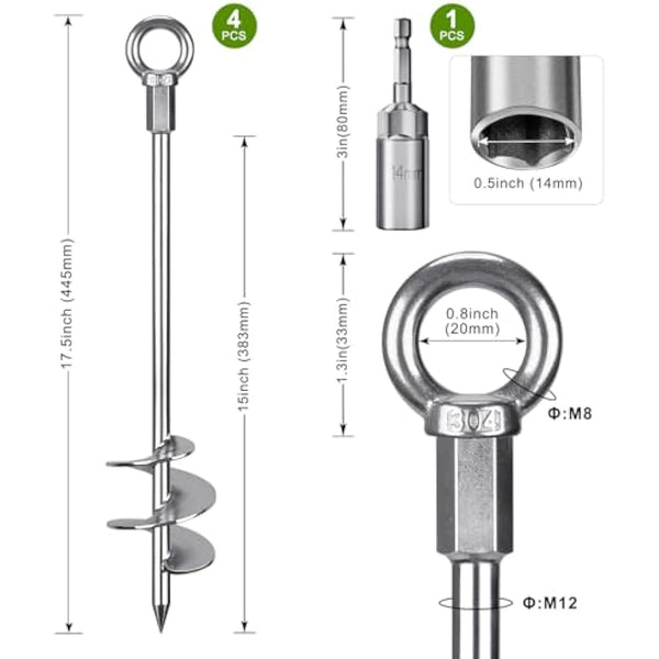 Dolibest Tent Peg Heavy Duty, 46cm Ground Anchor Screw Trampoline Stake Metal Earth Sand Spiral Wind Storm Spike for Swing/Camping/Shed/Dog/Carport/Canopy with Fixed Eyelet, 4 Pack
