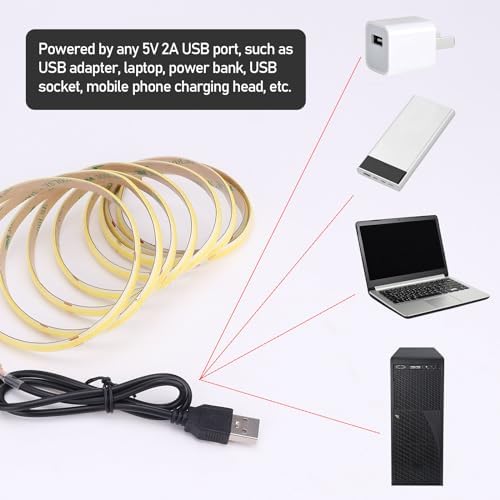 GOMING DC 5V USB COB LED Strip Light Warm White 3000K Dimmable IP65 Waterproof CRI 93+ USB Powered 6.6ft/2M 320LEDs/M Flexible LED Tape Lights for TV Backlight Cabinet Home DIY Lighting