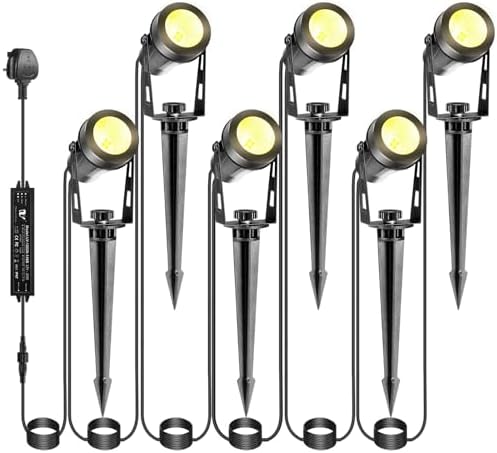 IRISECO 6-1 Garden Spotlights Mains Powered, 21M Outdoor Spot Lights with Adapter, 12V Low Voltage LED Garden Lighting, IP65 Waterproof Spike Lights, Landscape Spotlights for Yard Patio (3000K)