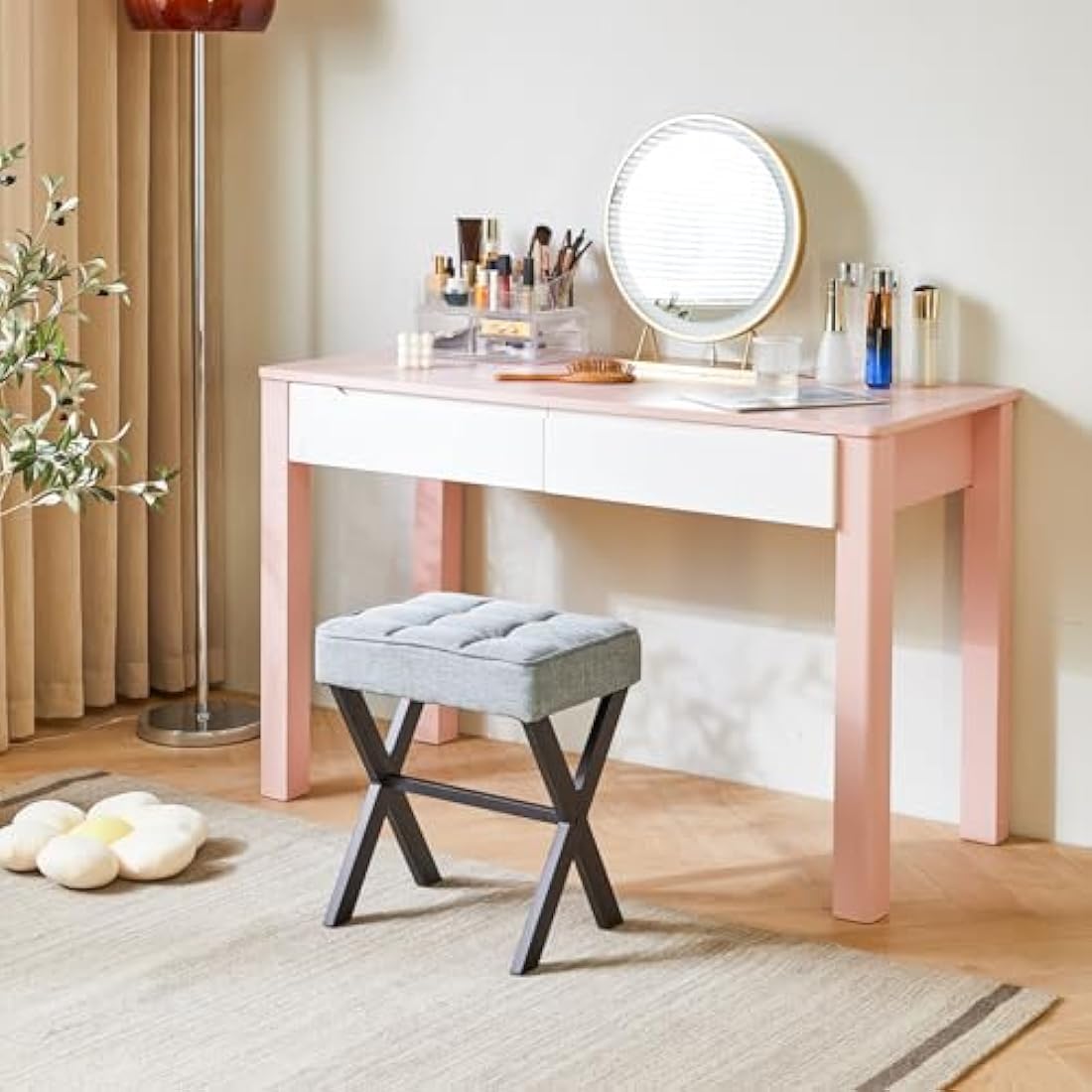 IBUYKE Square Makeup Stool with X-Leg Foot Rest, Linen Footrest Stool, Ottoman Seat Vanity Stool, Multi-Use as Small Side Table, for Bedroom, Living Room, Blue Gray L/G-70L