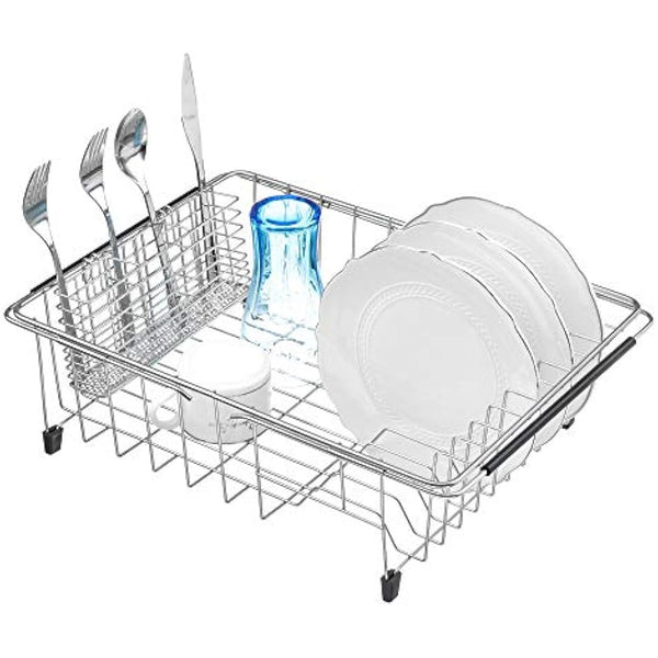 iPEGTOP Expandable Dish Drying Rack and Utensil Cutlery Holder, 304 Stainless Steel Over Sink Dish Rack, Dish Drainer in Sink or On Counter, Rustproof