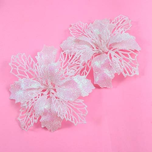 12pcs Glitter Poinsettia Christmas Artificial Flowers Christmas Tree Floral Ornaments Decorations Xmas Tree Pendant Christmas Wreath Filler (White)