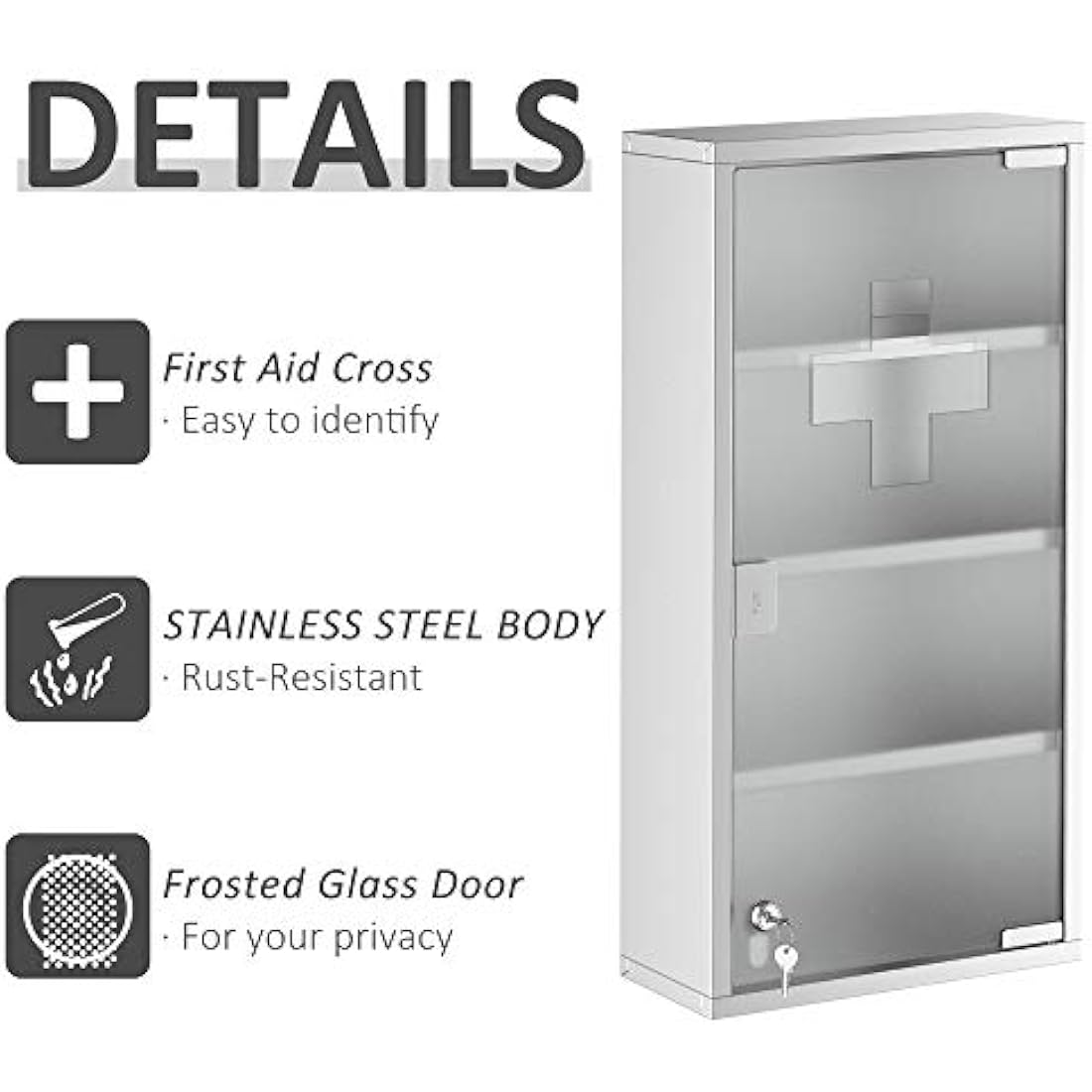 HOMCOM 4 Tier Stainless Steel Wall Mounted Medicine Cabinet Glass Lockable Door Storage Shelves Houseware Bathroom Furniture 60Hx30Wx12D(cm) w/2 Keys