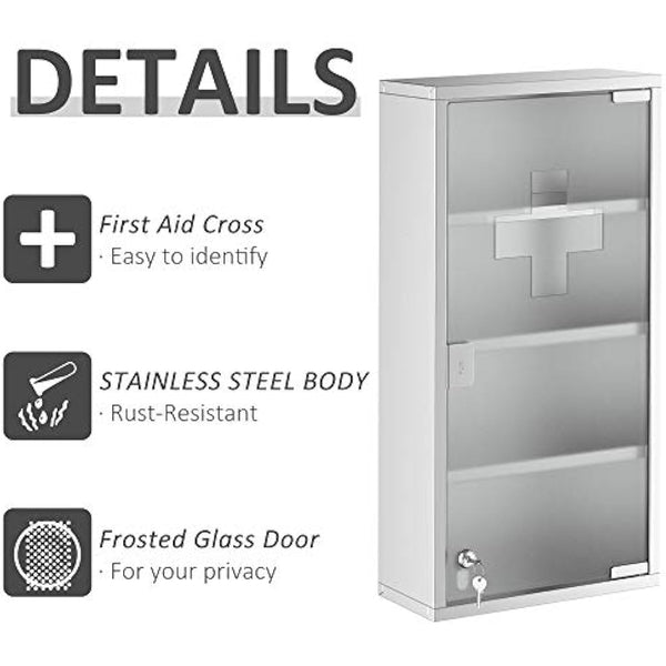 HOMCOM 4 Tier Stainless Steel Wall Mounted Medicine Cabinet Glass Lockable Door Storage Shelves Houseware Bathroom Furniture 60Hx30Wx12D(cm) w/2 Keys