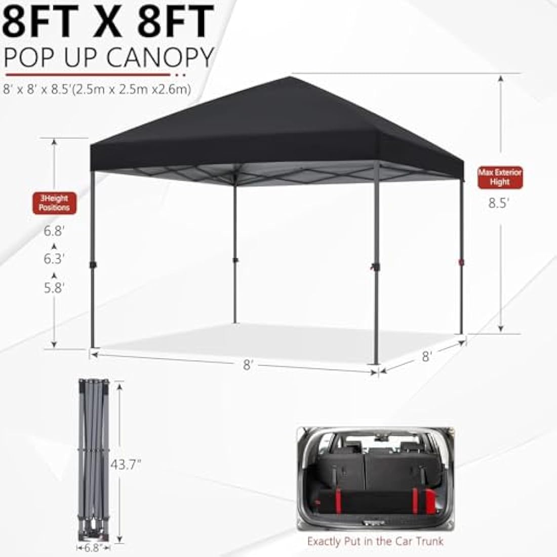 ABCCANOPY 2.5x2.5M Pop Up Gazebo Commercial Gazebo With Upgraded Roller Bag, 4 Weight Bags, Stakes and Ropes (Black)