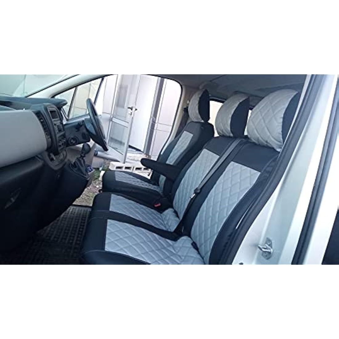 Front Seat Covers 2+1 Designed to fit Renault Trafic, Vauxhall Vivaro after 2015 Right Hand Drive BLACK-GRAY ECO LEATHER
