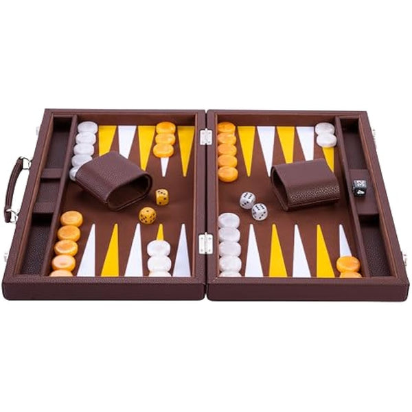 Engelhart - 250520 - Luxury Backgammon Set 15" - faux leather exterior, interior special felt inlay - pearly dice and token - 2 tumblers