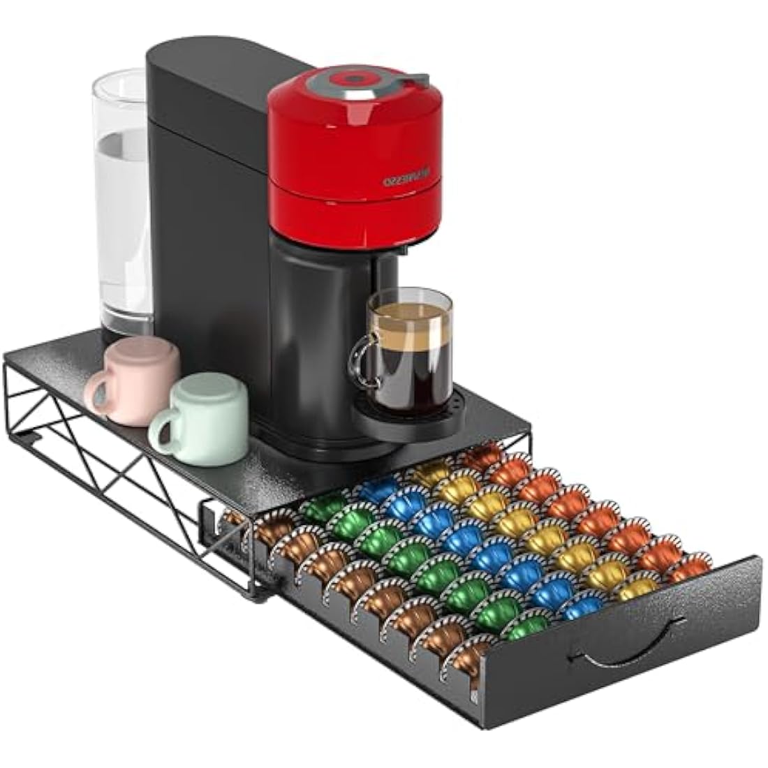 HFHOME Metal Coffee Pod Holder for 50 Nespresso Vertuo Capsules Pods & 50 Dolce Gusto Pods - Nespresso Vertuoline Capsule Drawer Organizer Coffee Machine Stand