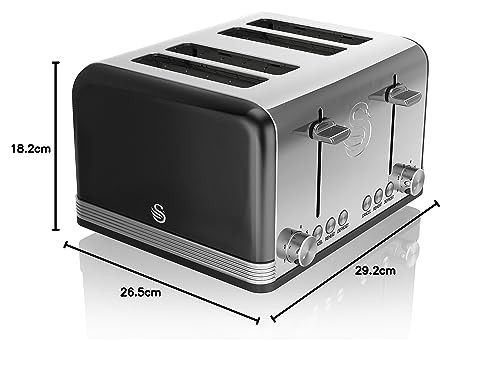 Swan ST19020GRN Retro 4-Slice Toaster with Defost/Reheat/Cancel Functions, Cord Storage, 1600W, Retro Grey
