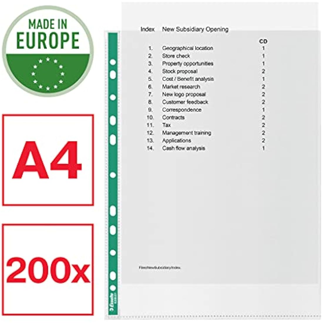 Esselte A4 Punched Pockets, 200 x Poly Pockets, 34 Micron Thickness, Embossed A4 Pockets With Punched Reinforced Green Spine, Ideal For Lever Arch Files & Ring Binders (Pack of 200), 628532