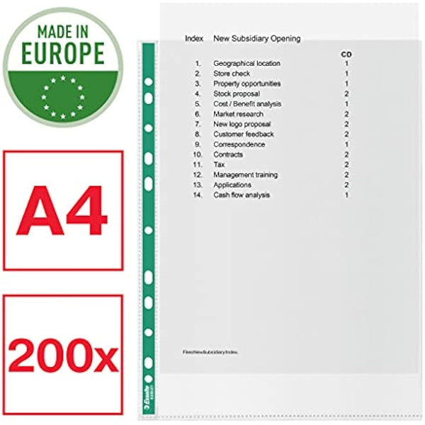 Esselte A4 Punched Pockets, 200 x Poly Pockets, 34 Micron Thickness, Embossed A4 Pockets With Punched Reinforced Green Spine, Ideal For Lever Arch Files & Ring Binders (Pack of 200), 628532