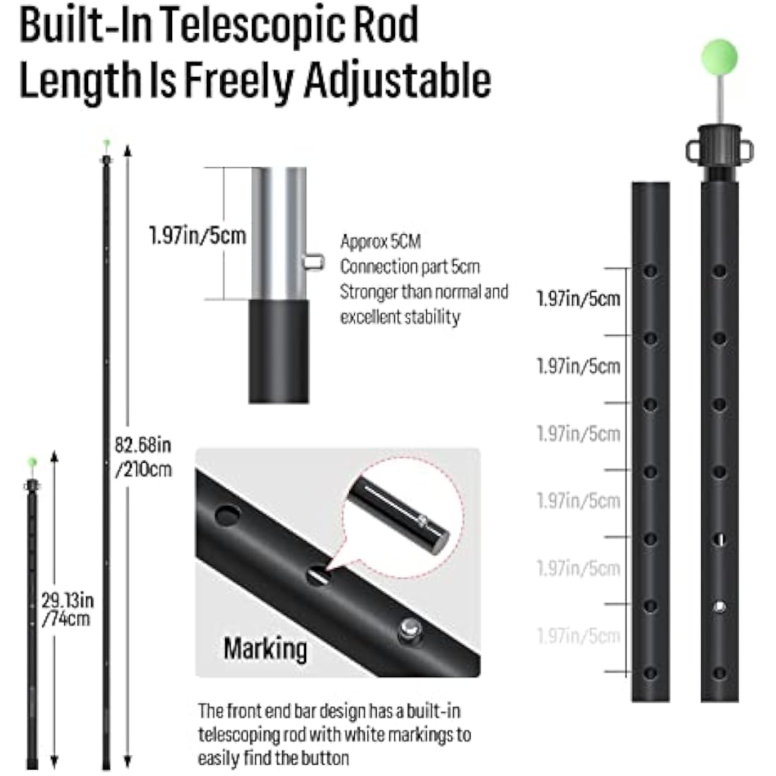 KOMCLUB Tarp Poles Adjustable Tent Pole Upgrade Thickened Stainless Steel Camping Tarp Pole for Outdoor Canopy Awning Rain Shelter