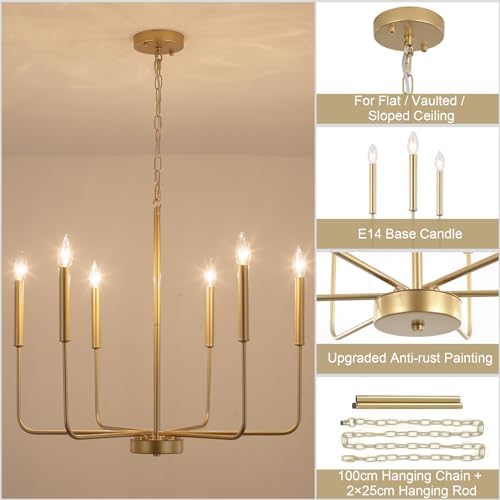 ASHUAQI Gold Chandelier 6 Lights Chandeliers Ceiling Light, Height Adjustable Pendant Light, E14 Modern Chandelier Gold Ceiling Light for Dining Room, Living Room, Kitchen, Hallway, Bedroom