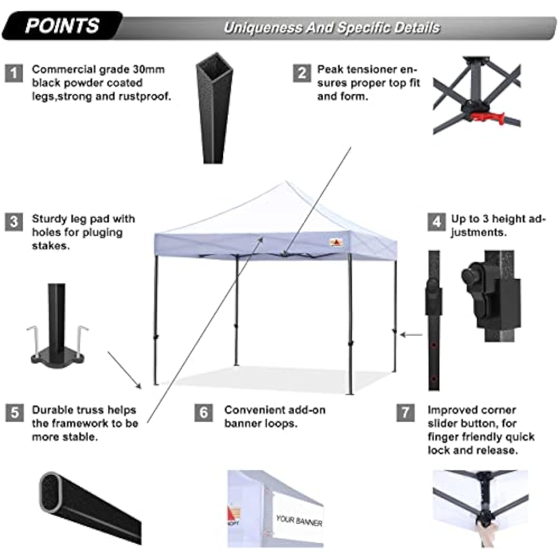 ABCCANOPY Pop Up Gazebo with Detachable Awning, Commercial Market stall, Bonus Upgraded Roller Bag, 4 Weight Bags, Stakes and Ropes
