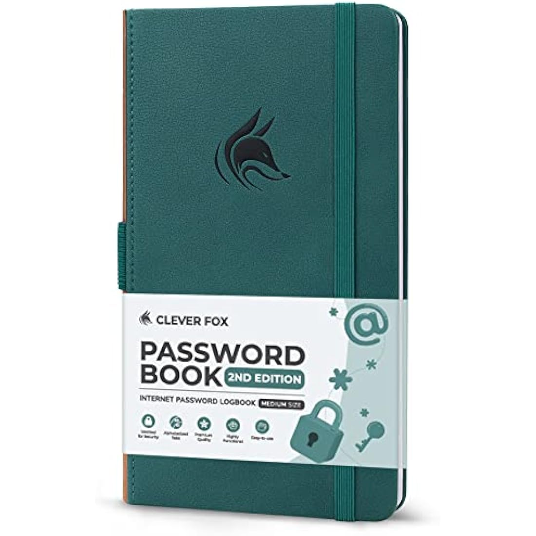 Clever Fox Password Book 2nd Edition – Hardcover Password Keeper with Laminated Alphabetical Tabs – Internet Address Notebook & Login Details Organizer Journal – 10.4x19.3cm (Dark Teal)
