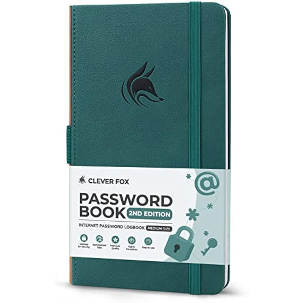 Clever Fox Password Book 2nd Edition – Hardcover Password Keeper with Laminated Alphabetical Tabs – Internet Address Notebook & Login Details Organizer Journal – 10.4x19.3cm (Dark Teal)