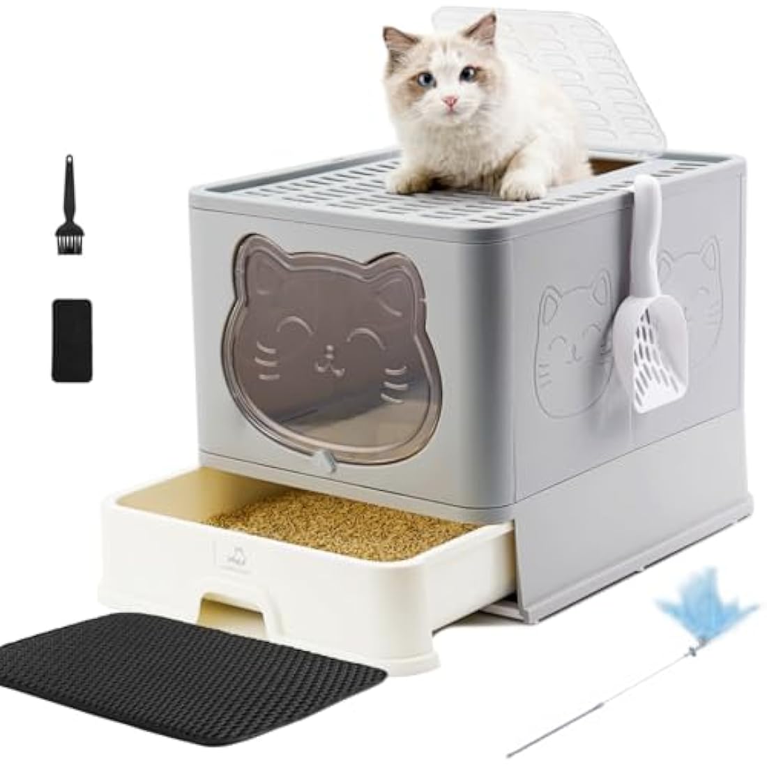 HelloMiao Fully Enclosed Cat Litter Box with Lid, Foldable Extra Large Cat Toilet, Drawer Type Litter Tray with Plastic Scoop, Suitable for Cats Under 17.6Ib(8kg)