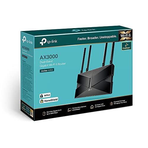 TP-Link Archer AX53 AX3000Mbps Dual-Band WiFi 6 Router, Fast Full Gigabit Ports, Ultra-Low Latency, EasyMesh Compatible, WPA3, Optimal for Gaming, Works with Alexa, Client & Server VPN