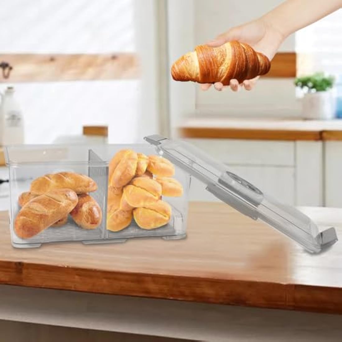 Gzsekken Bread Bin Airtight Bread Storage Container with Pump,Time Recording Bread Box with Lid Plastic Bread Bins for Kitchen Freezer Bread Holder for Homemade Bread, Toast, Bagel, Donut and Cookies