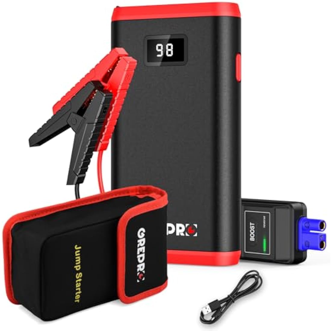 GREPRO Jump Starter Power Pack (up to 6.5L Gas, 4.0L Diesel), Car Battery Booster Jump Starter and Jump Pack for 12V Vehicles, Motorcycle, Battery Booster with LCD Screen and LED Flashlight