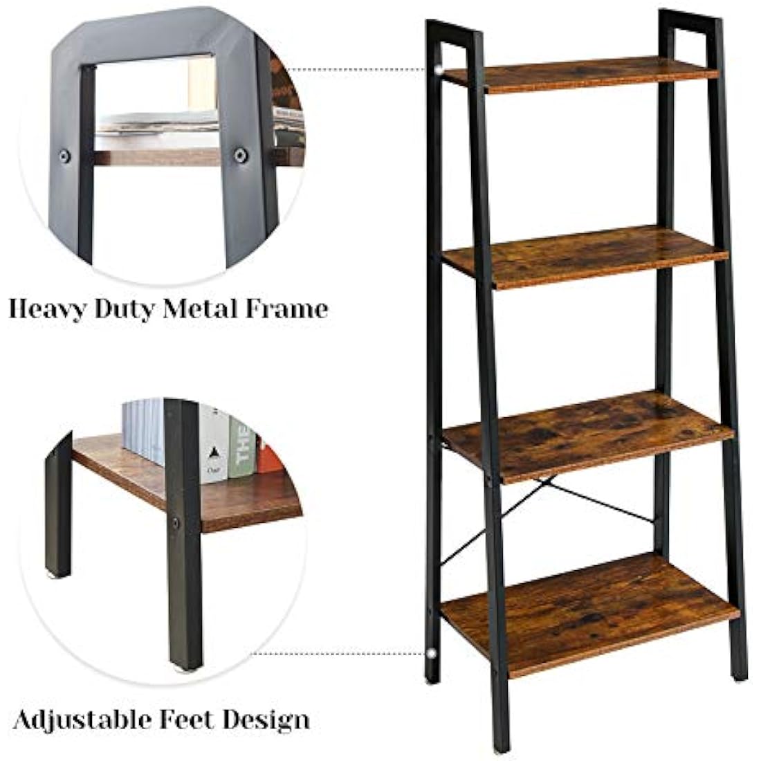 IBUYKE Ladder Shelf, Bookshelf, 4-Tier Storage Organiser Shelves, Shelving Unit, Plant Stand, Living Room Bookcases, Industrial Bookshelf, for Bedroom, Kitchen, Office, 60x35.5x148.5 cm, TMJ014H