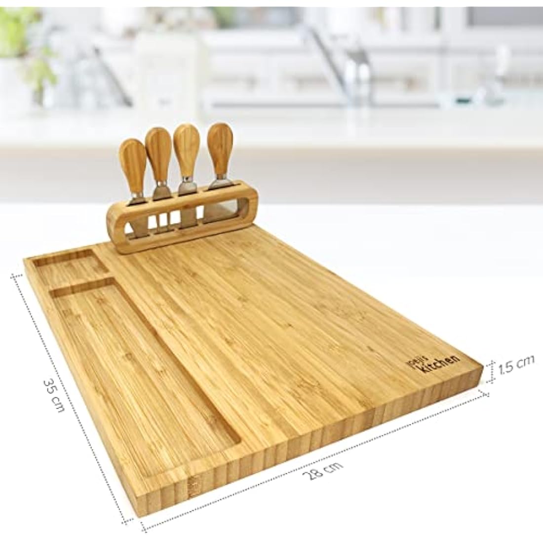joeji's Kitchen Cheese Board Platter Set - Natural Wood Bamboo - Gift Set with Knives & Holder - Charcuterie Platter