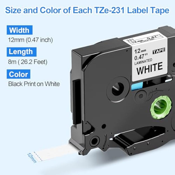 5X Upwinning TZe-231 TZe231 White PT-H110 Label Printer Tape 12mm Compatible with Brother P-Touch Label Tape 12mm 0.47, Tze 12 mm Black on White for Brother PTouch P300BT H200 H105 H101C 1000 1010